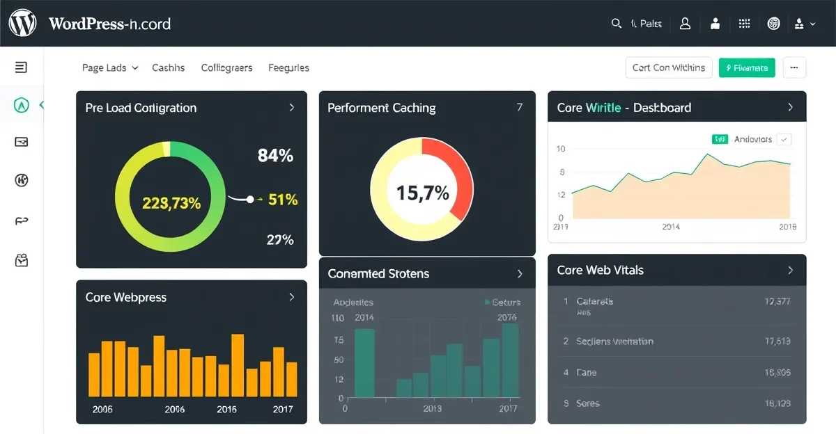 WordPress performance optimization dashboard showing page load metrics, caching settings, and Core Web Vitals scores