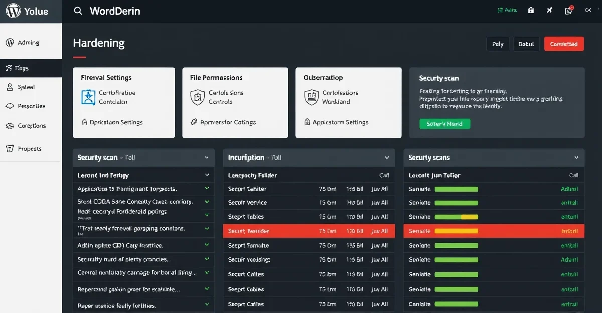 WordPress security hardening dashboard showing firewall settings, file permission controls, and security scan results