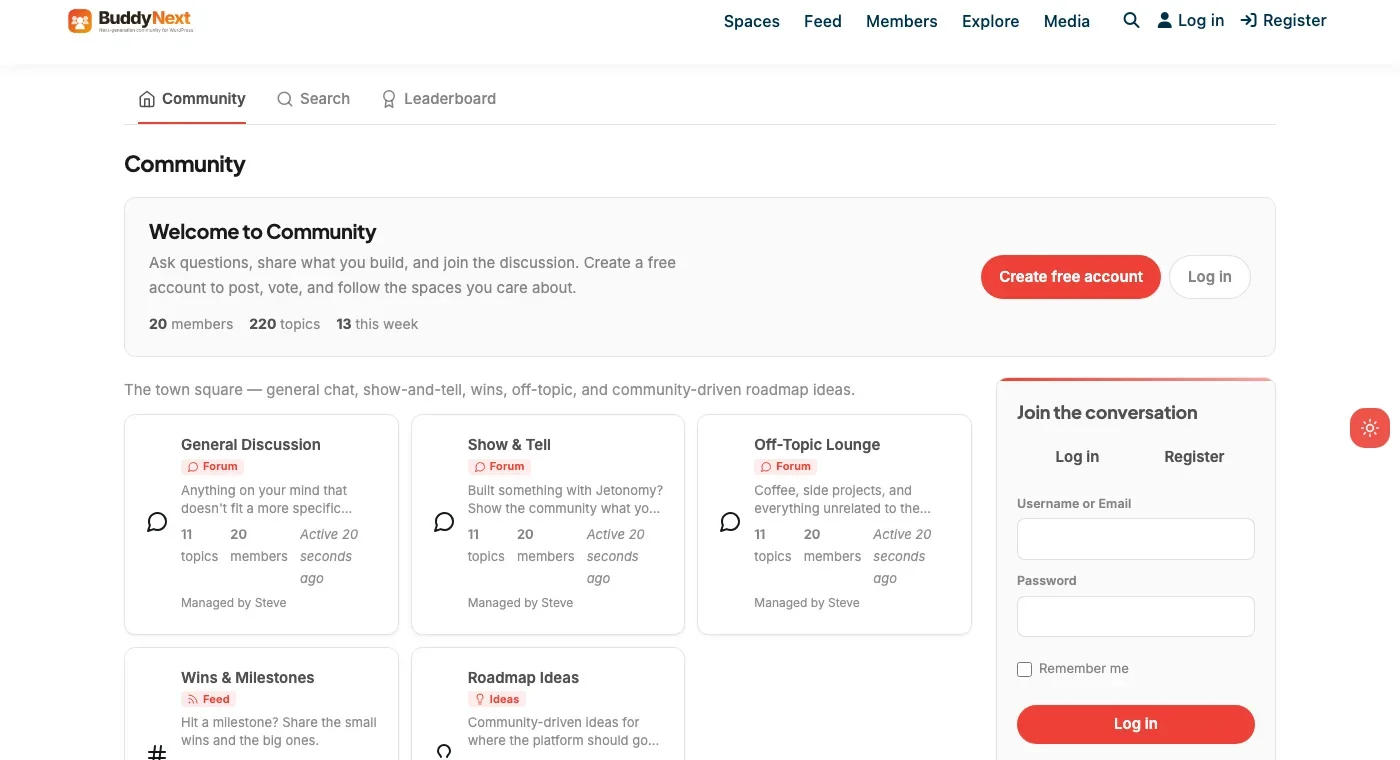 Real Jetonomy forum community showing spaces for General Discussion, Show and Tell, Off-Topic Lounge, Wins and Milestones, and Roadmap Ideas