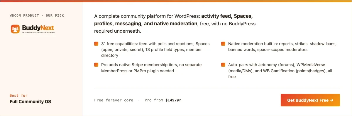 BuddyNext product card: complete free community platform for WordPress, best for full Community OS