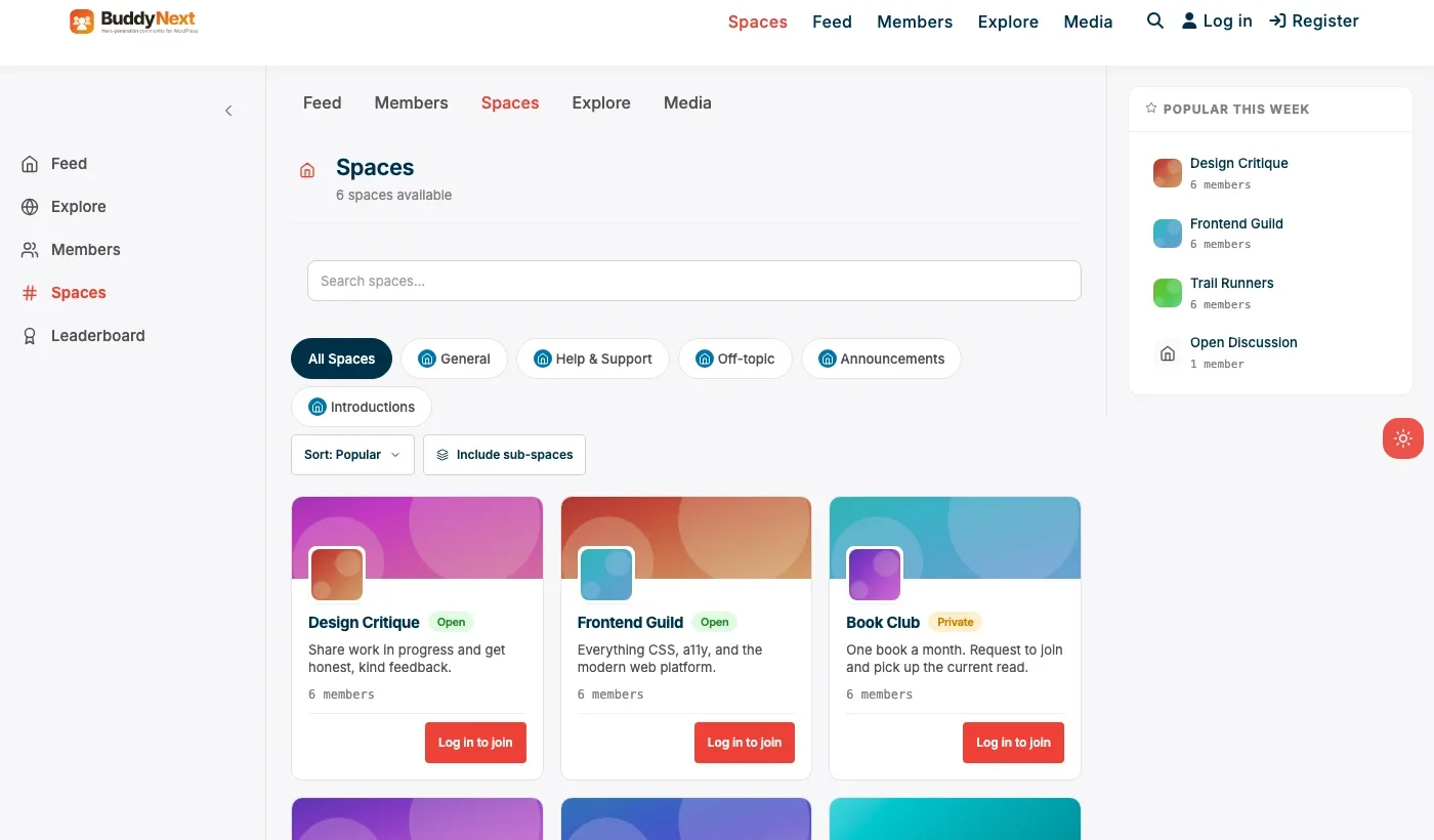 Real BuddyNext Spaces page showing Design Critique, Frontend Guild, Book Club and other live community spaces