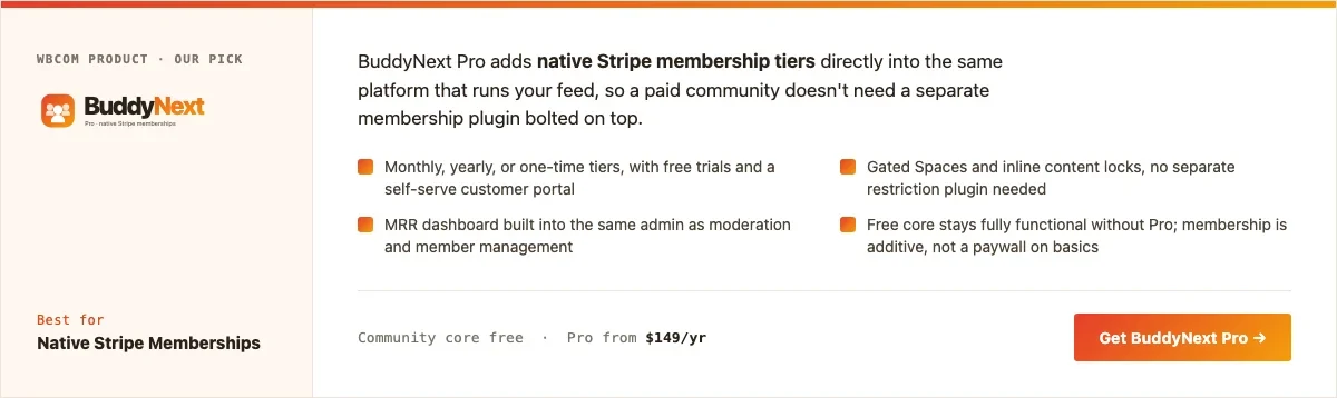 BuddyNext Pro product card: native Stripe membership tiers for WordPress, best for native Stripe memberships