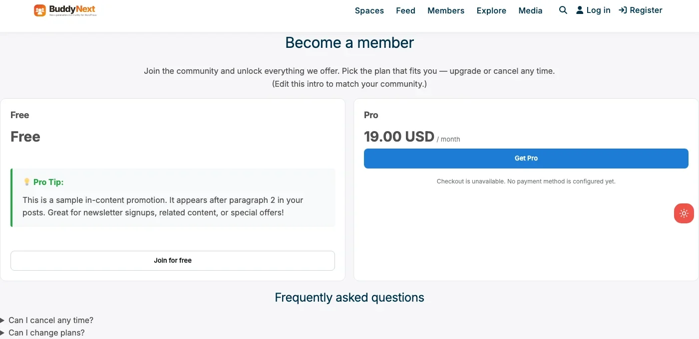 Real BuddyNext Pro membership pricing page showing Free and Pro $19 per month tiers with Get Pro button