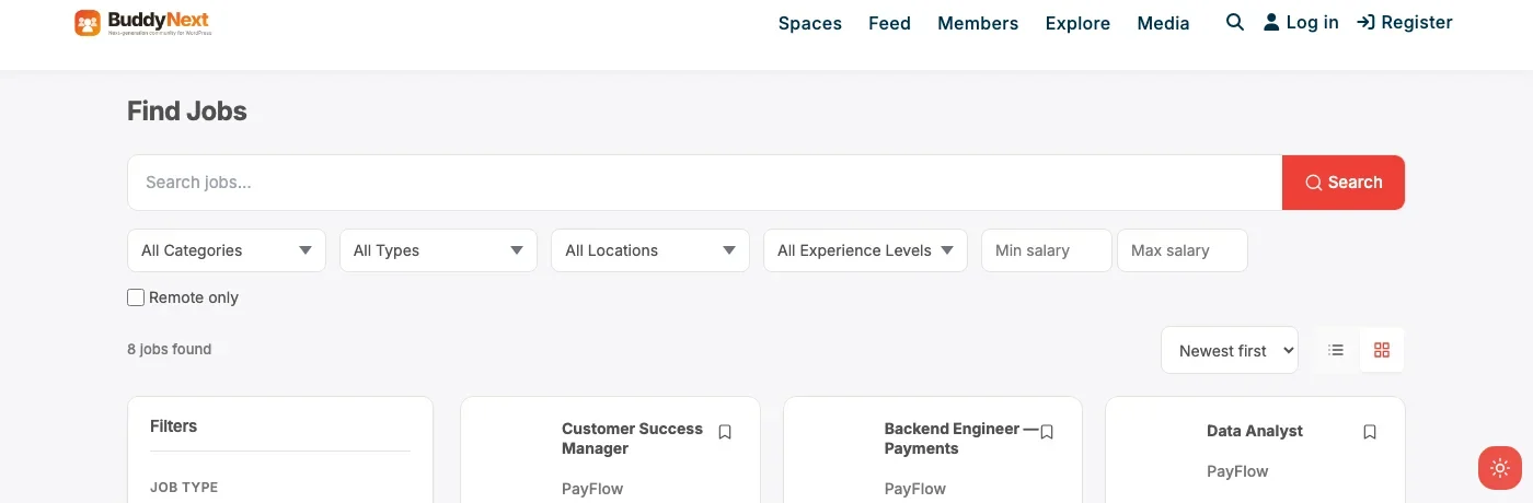 Real WP Career Board job listings showing 8 jobs found with filters for category, type, location, experience, and salary