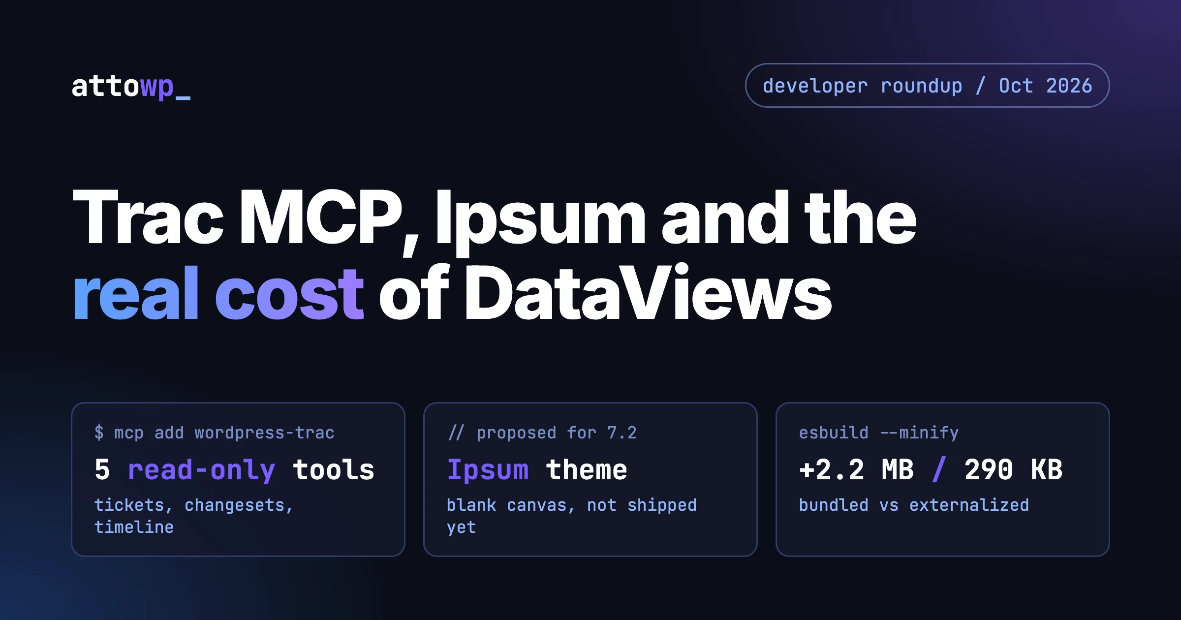 WordPress developer roundup: the Trac MCP server with five read-only tools, the proposed Ipsum default theme for 7.2, and DataViews bundle size of about 2.2 MB bundled versus 290 KB with externals