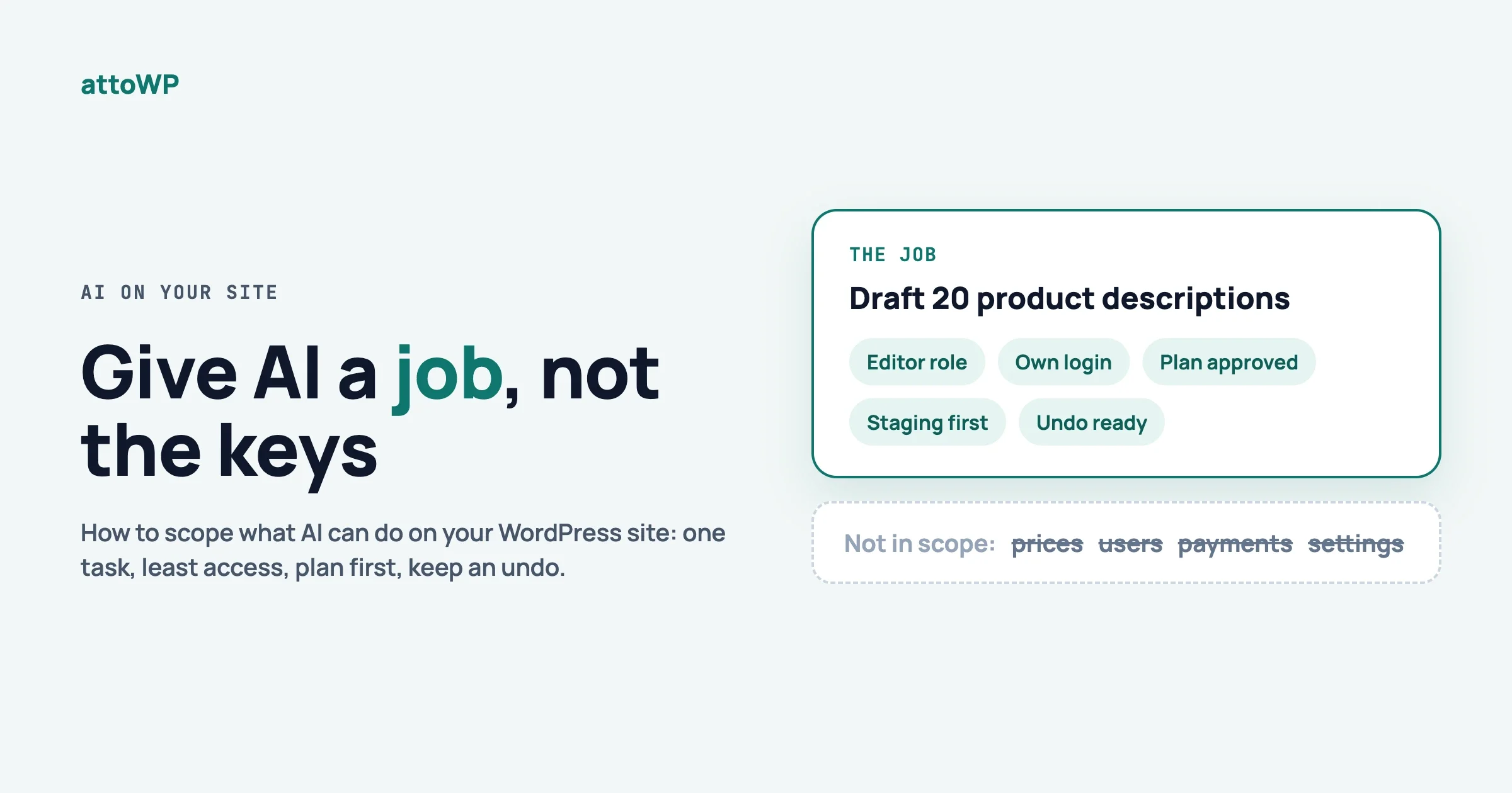 A job card for AI with limits such as editor role and staging first, and prices, users, payments and settings out of scope