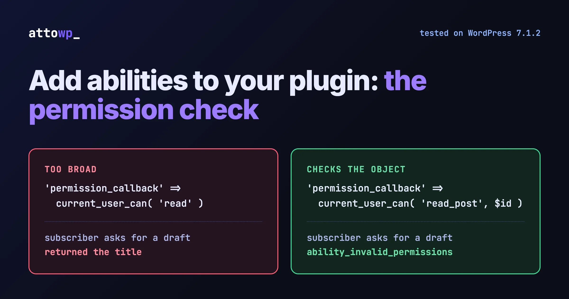 Two code cards comparing a too-broad permission callback with one that checks the specific post, and the result a subscriber gets from each