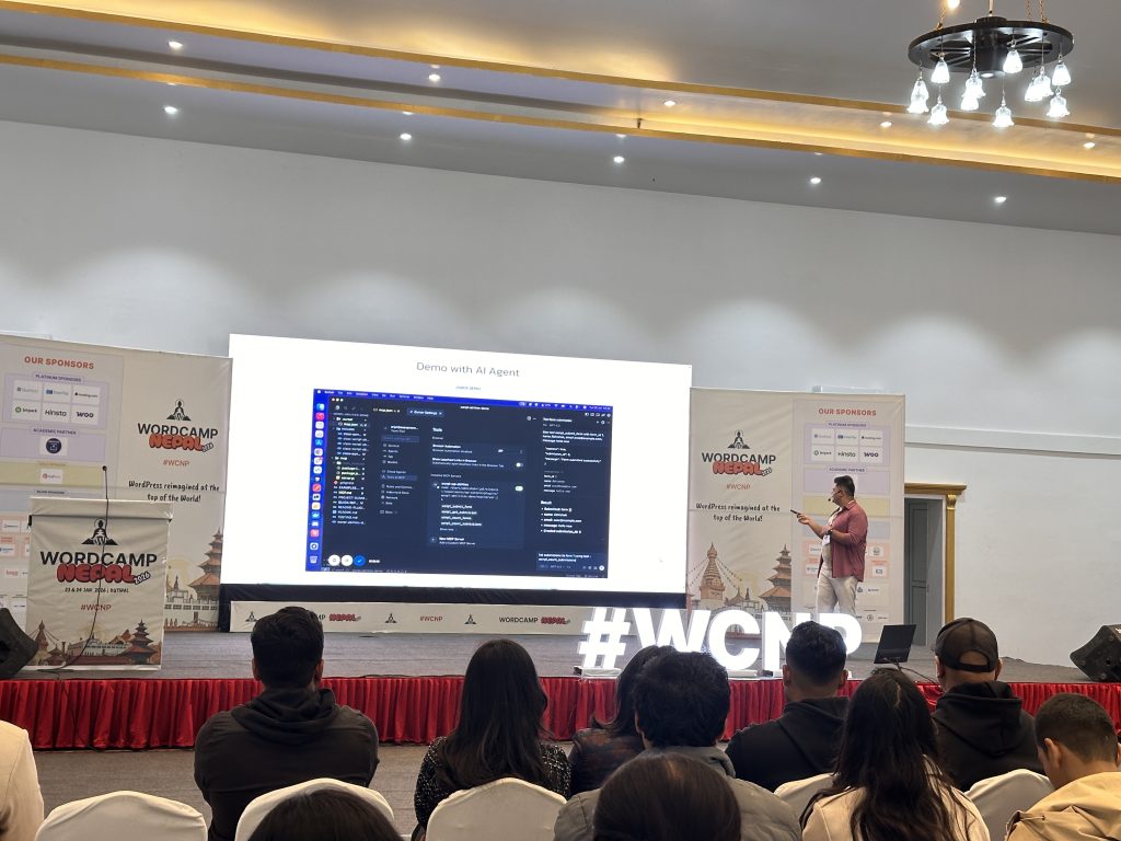 Abhishek Rijal presenting WP Abilities API session at WordCamp Nepal 2026