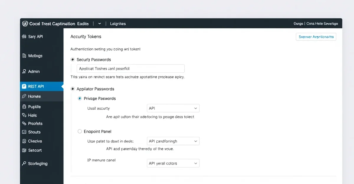 WordPress REST API authentication dashboard showing application passwords, JWT token configuration, and API endpoint security controls