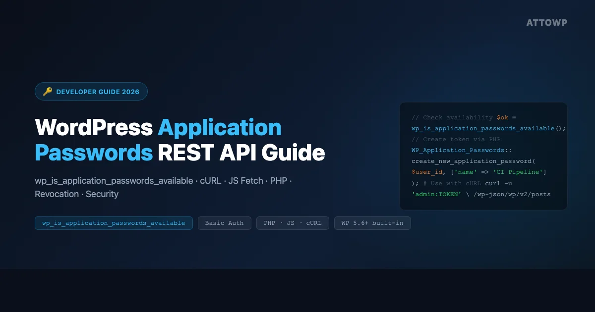 WordPress Application Passwords developer guide showing PHP code, wp_is_application_passwords_available function, and cURL authentication examples