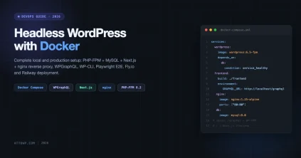 Headless WordPress with Docker: docker-compose.yml code window showing WordPress PHP-FPM, Next.js frontend, nginx reverse proxy, and MySQL services on dark background