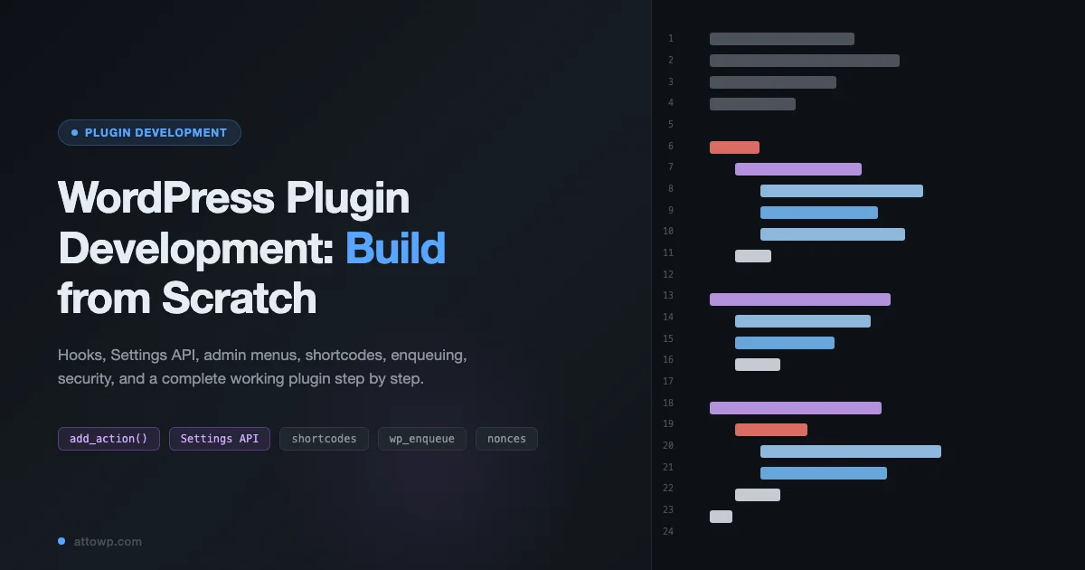 WordPress plugin development tutorial - code editor with PHP plugin structure showing hooks, Settings API, and admin menus