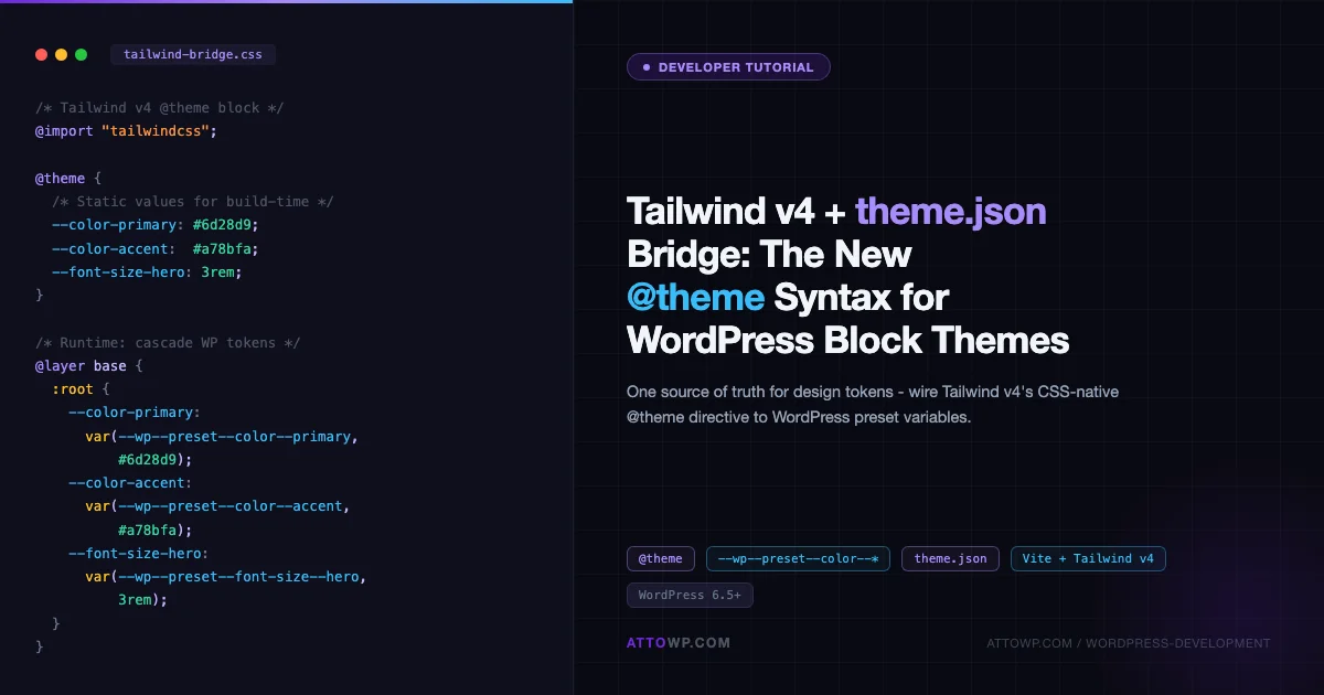 Tailwind v4 @theme + theme.json Bridge for Block Themes