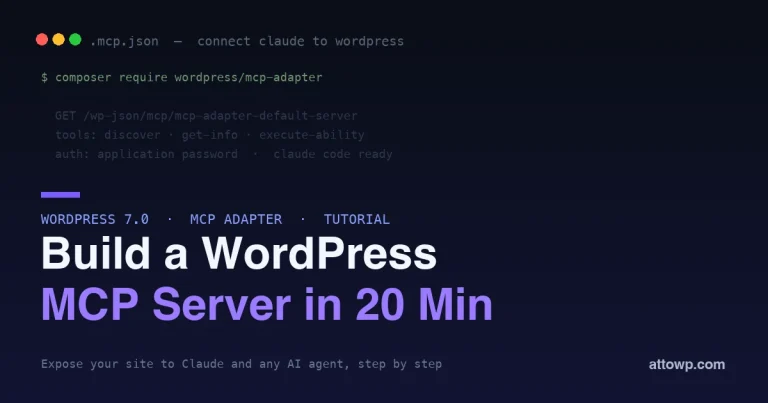 Build a WordPress MCP server in 20 minutes - MCP Adapter connect Claude, on a dark editor