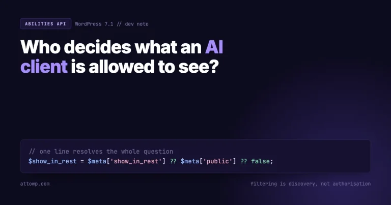 Dark code-editor card asking who decides what an AI client is allowed to see, showing the WordPress 7.1 resolution line where show_in_rest falls back to the public meta flag and then to false
