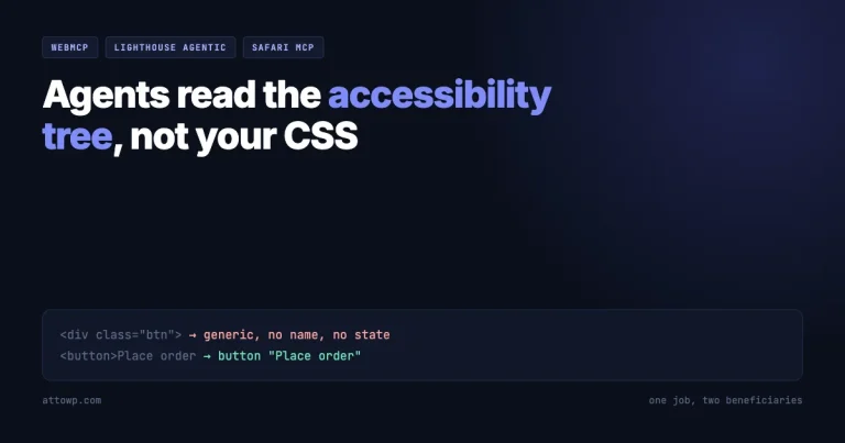 Dark card reading agents read the accessibility tree not your CSS, comparing a div with no role or name against a real button exposed as button Place order