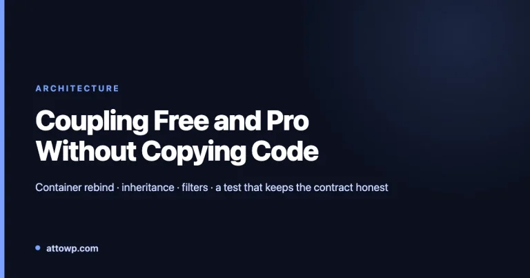 Dark card reading Coupling Free and Pro Without Copying Code, with the subtitle container rebind, inheritance, filters, and a test that keeps the contract honest